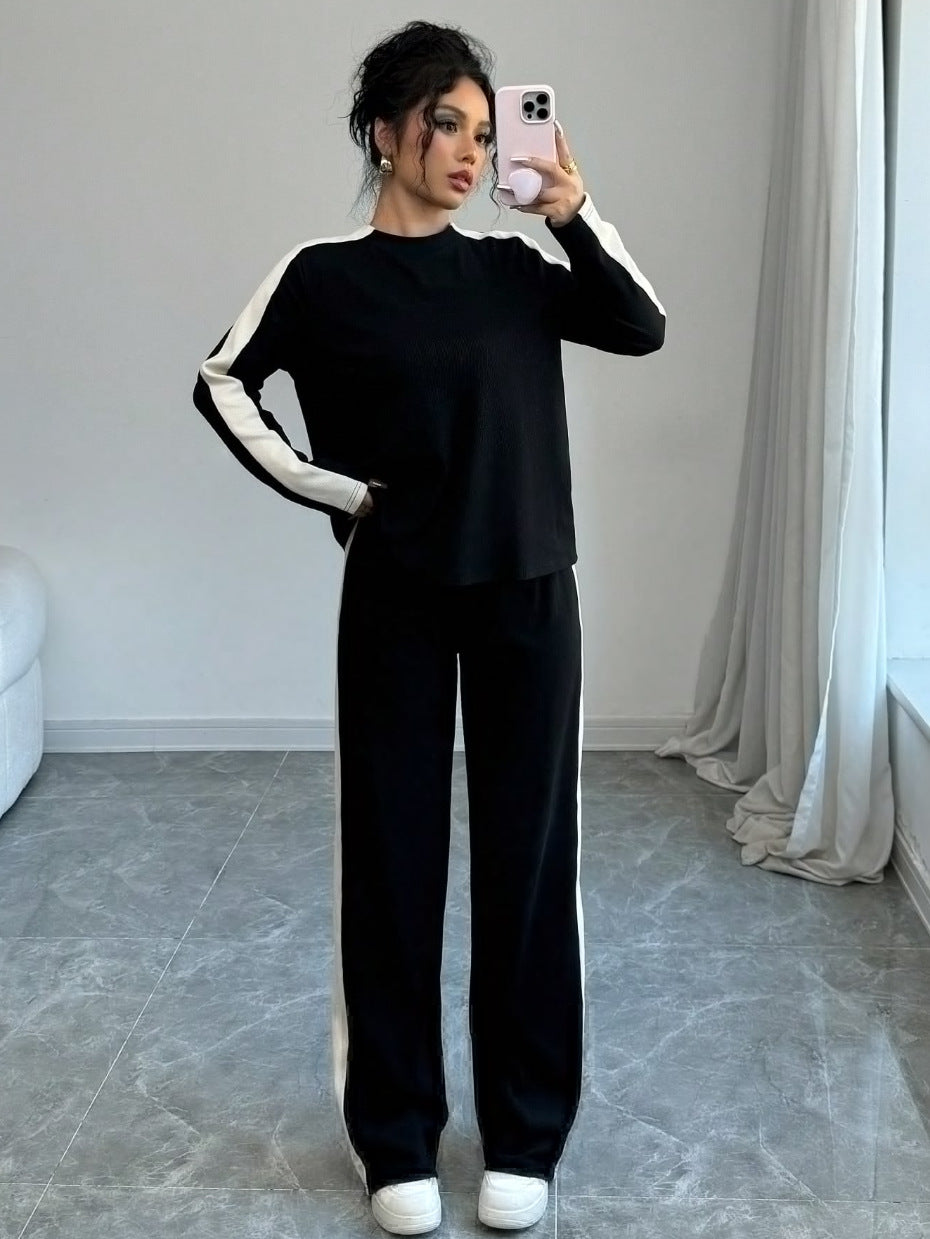 Trousers Suit European And American Autumn And Winter Women Color Contrast Patchwork Fashion Two-piece Suit