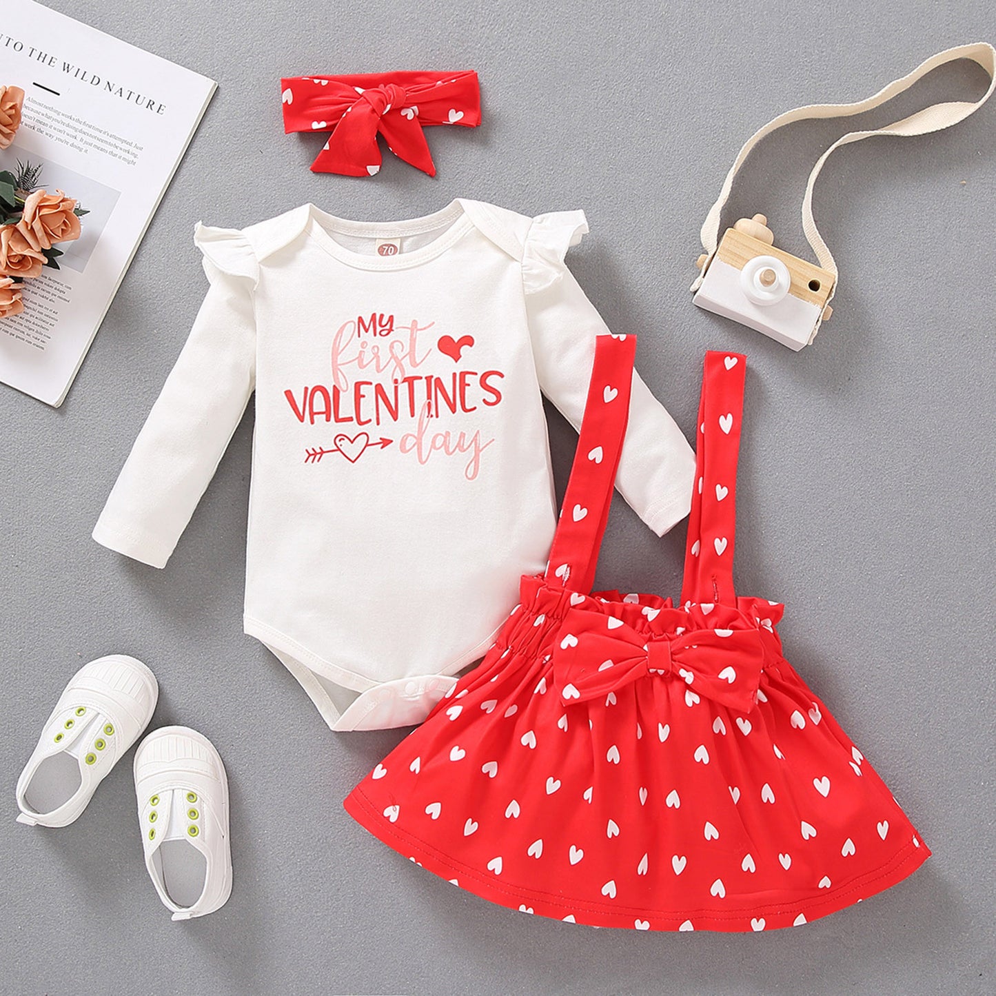 Children's Peach Heart Letter Printed Long-sleeved Three-piece Suit