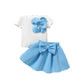 Flower Short Sleeves With Bow Puff Skirt Set