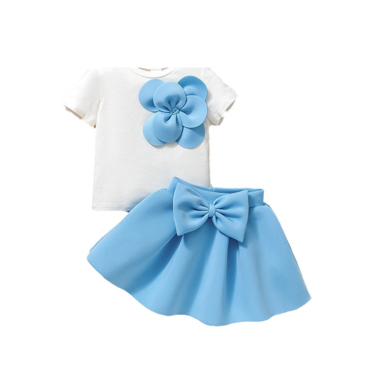Flower Short Sleeves With Bow Puff Skirt Set
