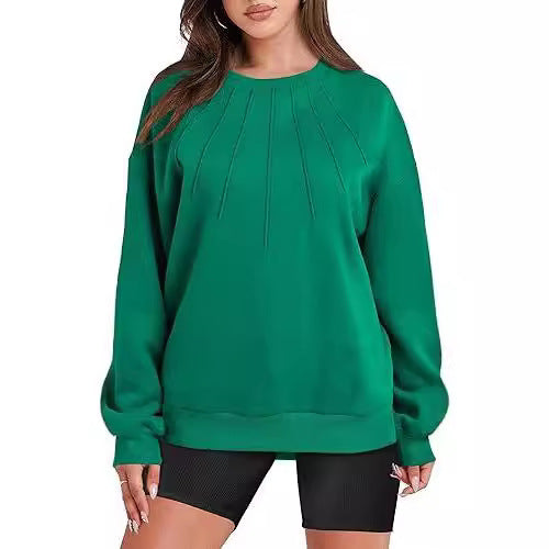 Pull ample et décontracté à col rond et plissé pour femme