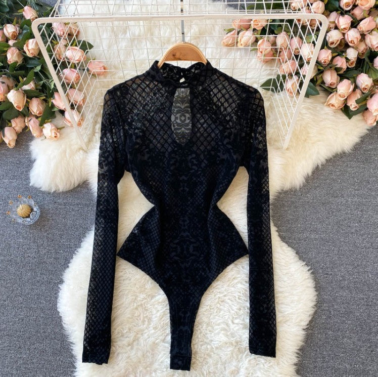 Women's All-in-one See-through Long-sleeved Slim Bottoming Top