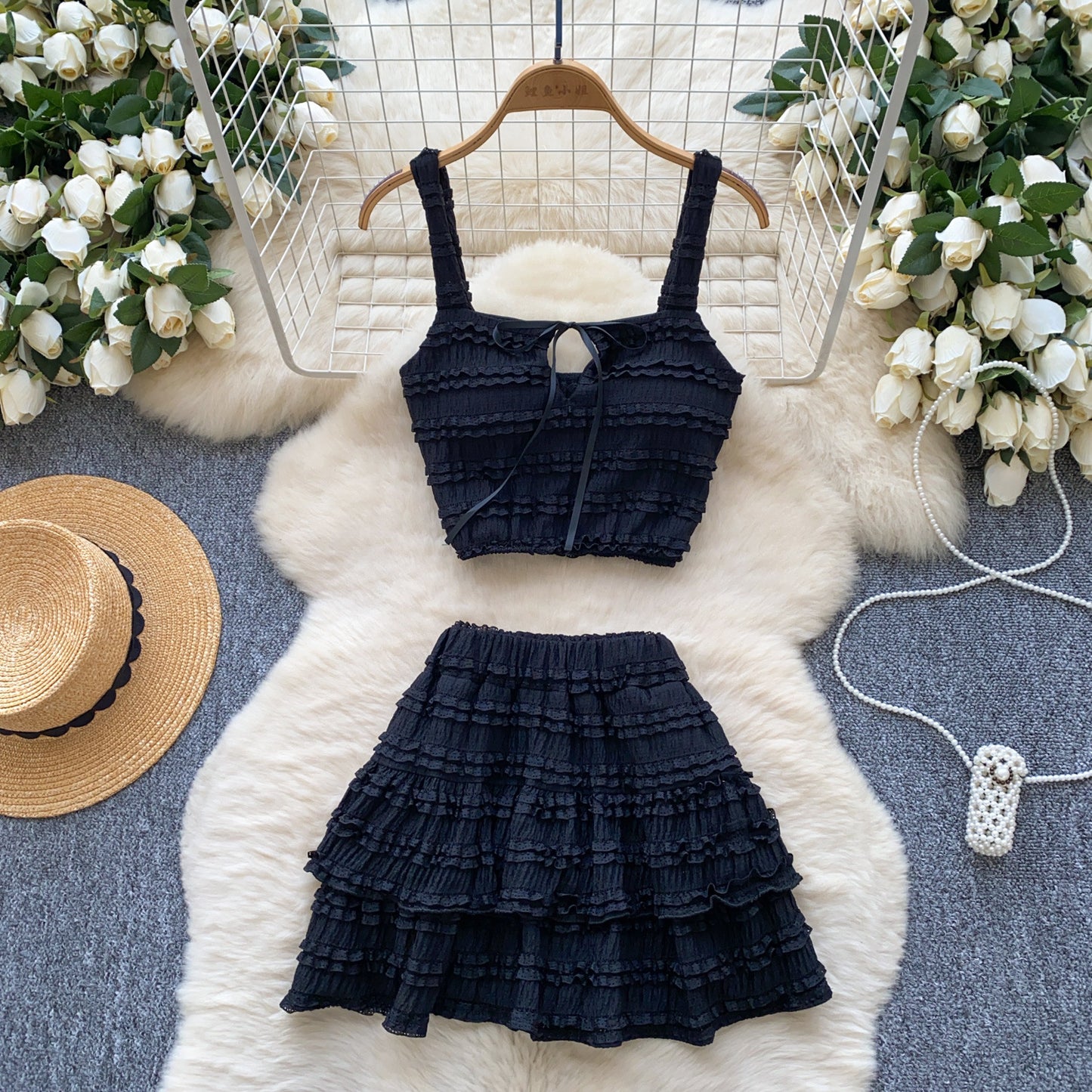 Square-neck Slip Dress With A High Waist Pleated Ruffled Hem