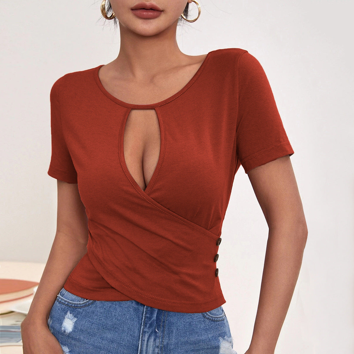 New Hollow Button Casual Short-sleeved Top