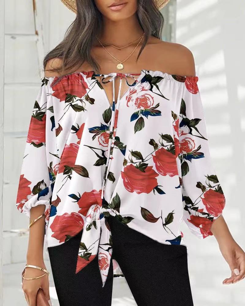Striped Off-the-shoulder Chiffon Shirt Women's Long Sleeve