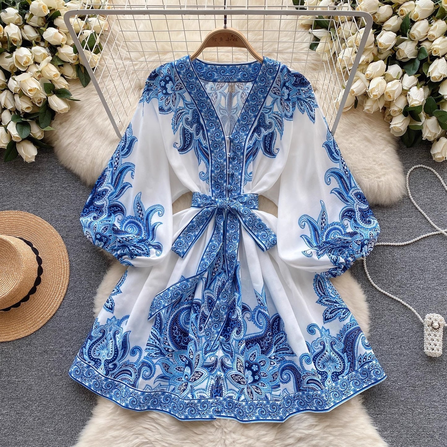 Robe femme manches lanternes taille ajustée imprimé