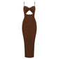 Robe longue à bandes, sexy, couleur unie, col en V, dos nu, pour soirée, club