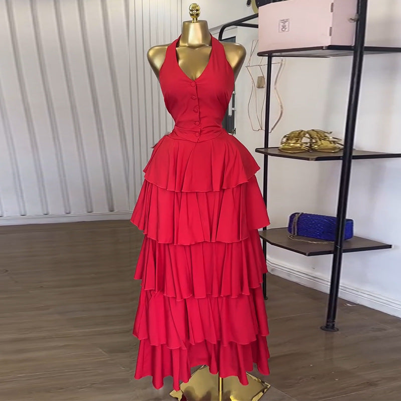 Women's Halter Vest High Waist Tiered Skirt Two-piece Set