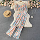 Off Shoulder Puff Sleeve Cropped Top And Printed High Waist Wide Leg Pants Two Piece Set
