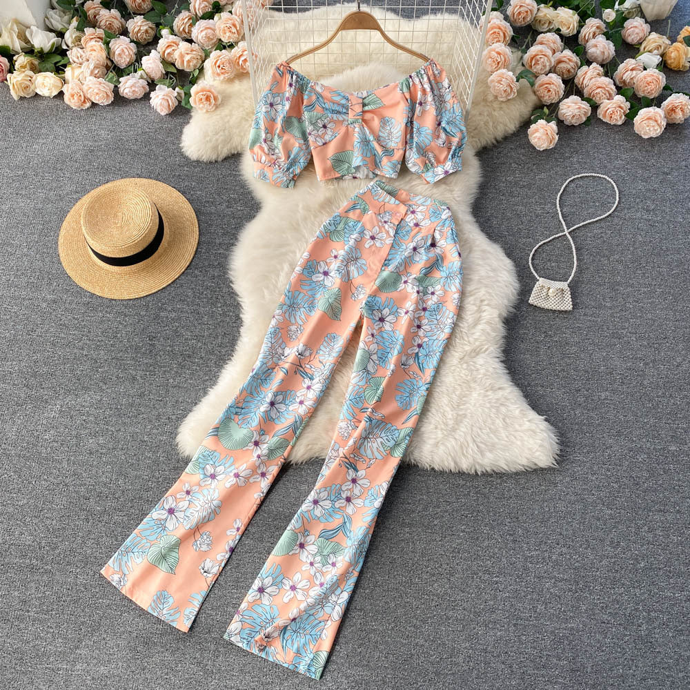 Off Shoulder Puff Sleeve Cropped Top And Printed High Waist Wide Leg Pants Two Piece Set