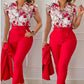 Ensemble haut et pantalon imprimé à manches volantées et ceinture, couleur unie