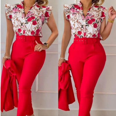 Ensemble haut et pantalon imprimé à manches volantées et ceinture, couleur unie