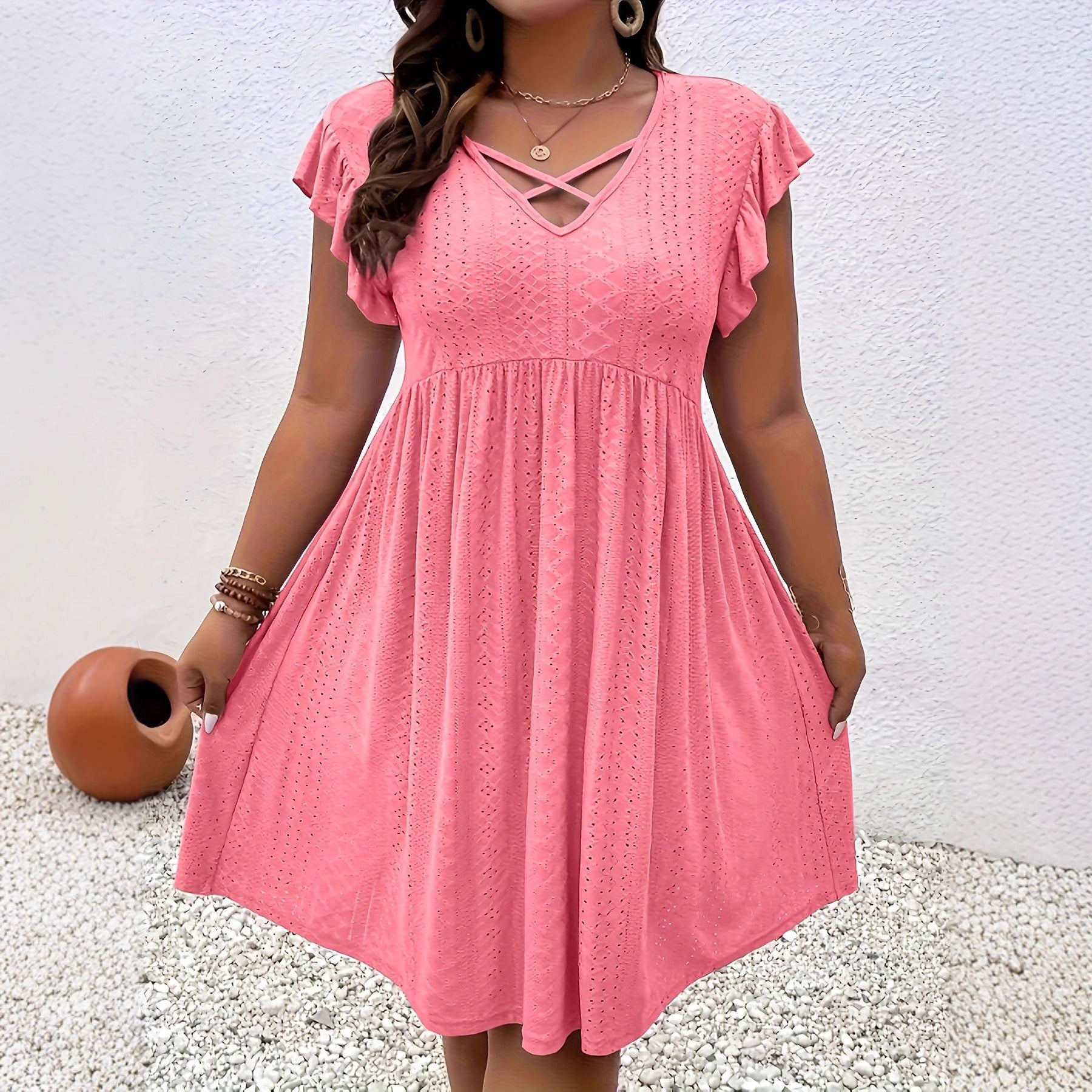 Womens V-neck Hollow-out Short-Sleeve Blouse Dress