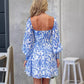 Square Collar Printed Long Sleeve Mini Dress Women