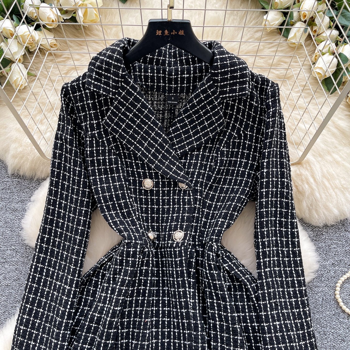 Vintage Double-breasted Waist-cinched Long-sleeve Dress