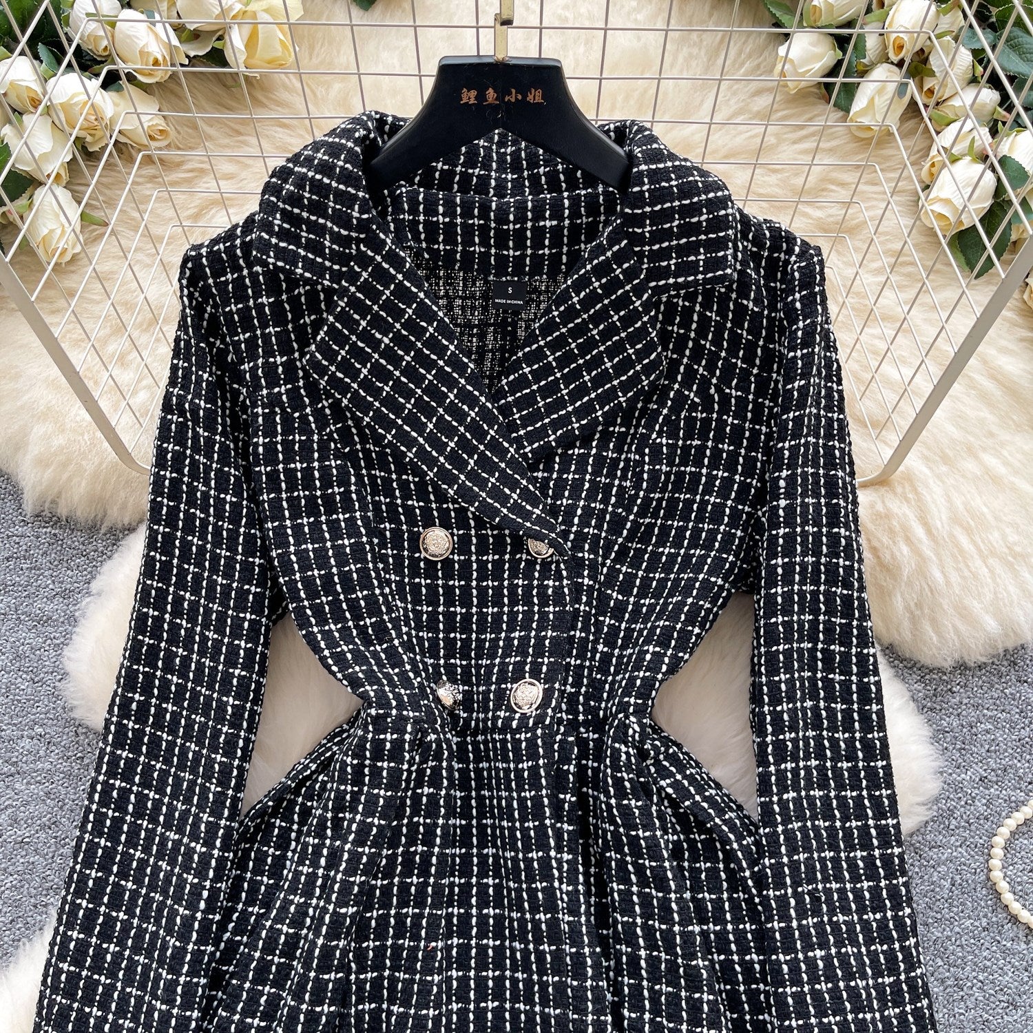 Vintage Double-breasted Waist-cinched Long-sleeve Dress
