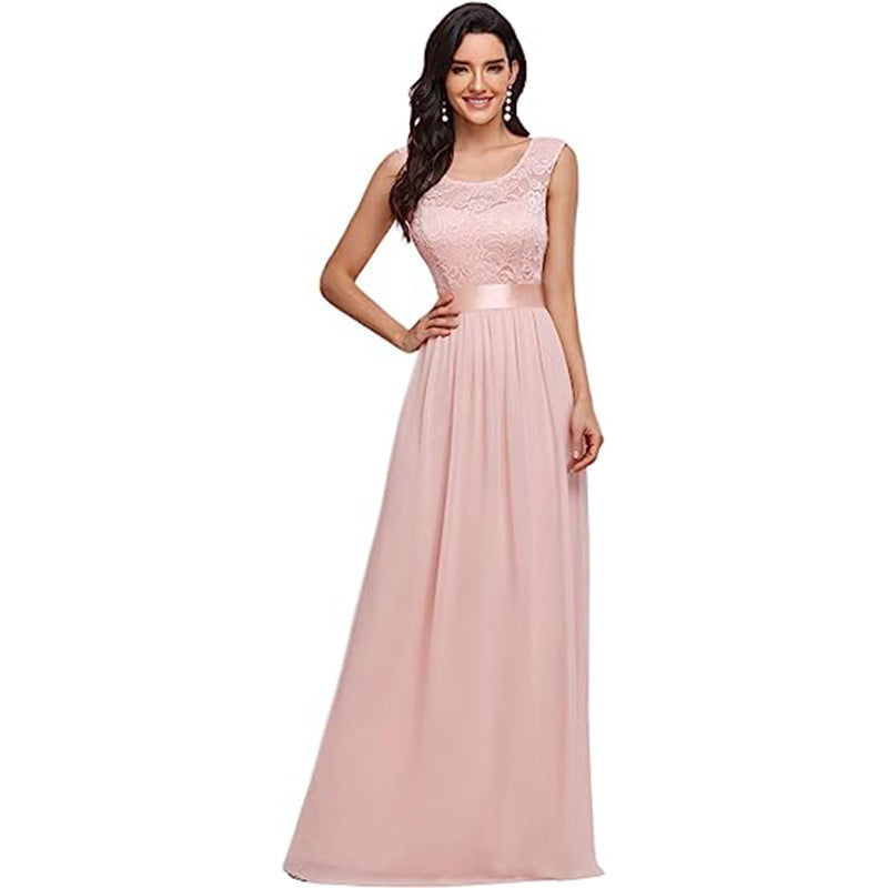 Robe tendance à col rond et coutures en dentelle
