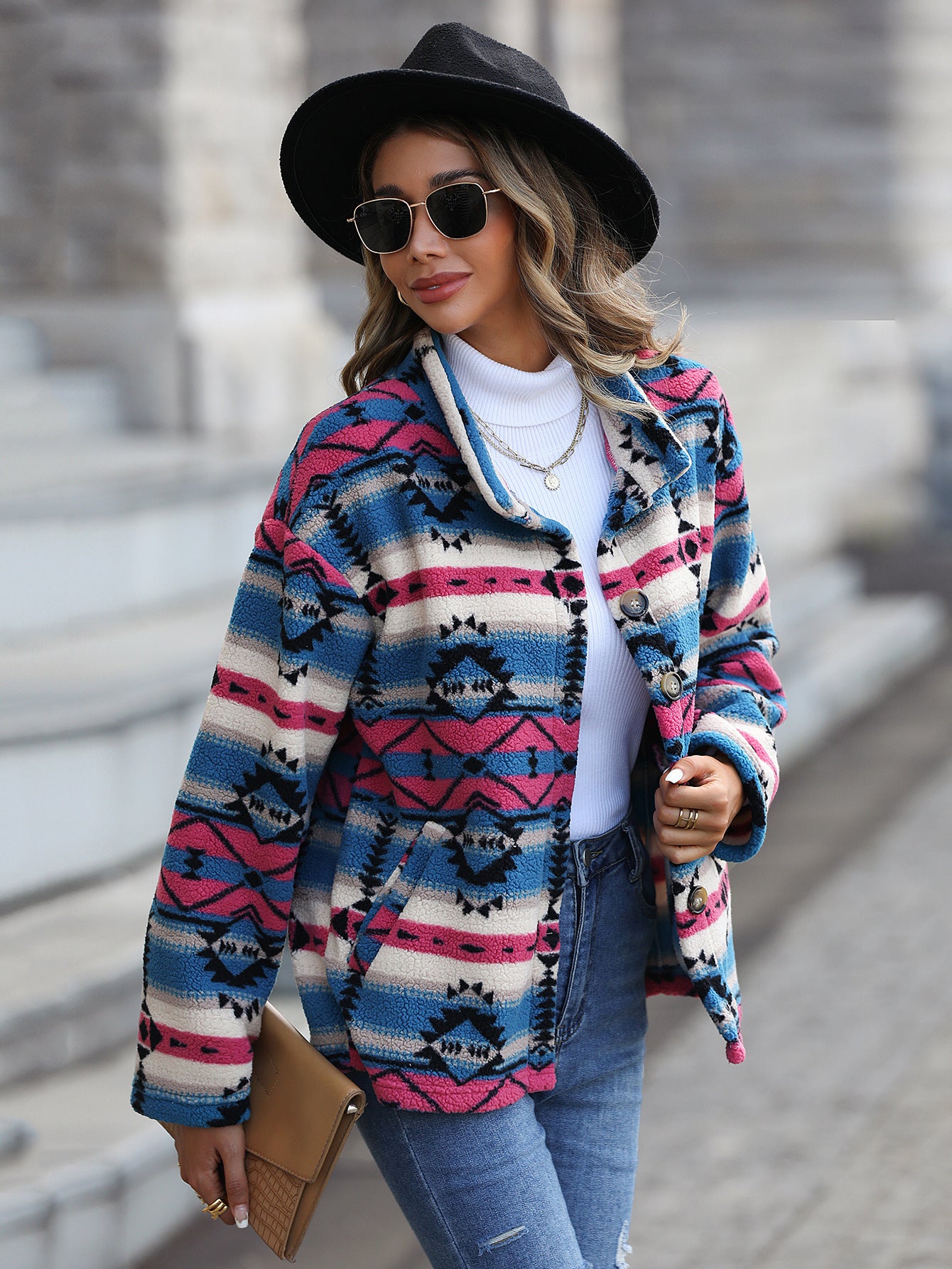 New Casual Plush Women's Loose Single Breasted Geometric Coat