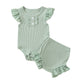 Girls' Flounced Sleeve Buttons Sunken Stripe Cotton Shorts Suit