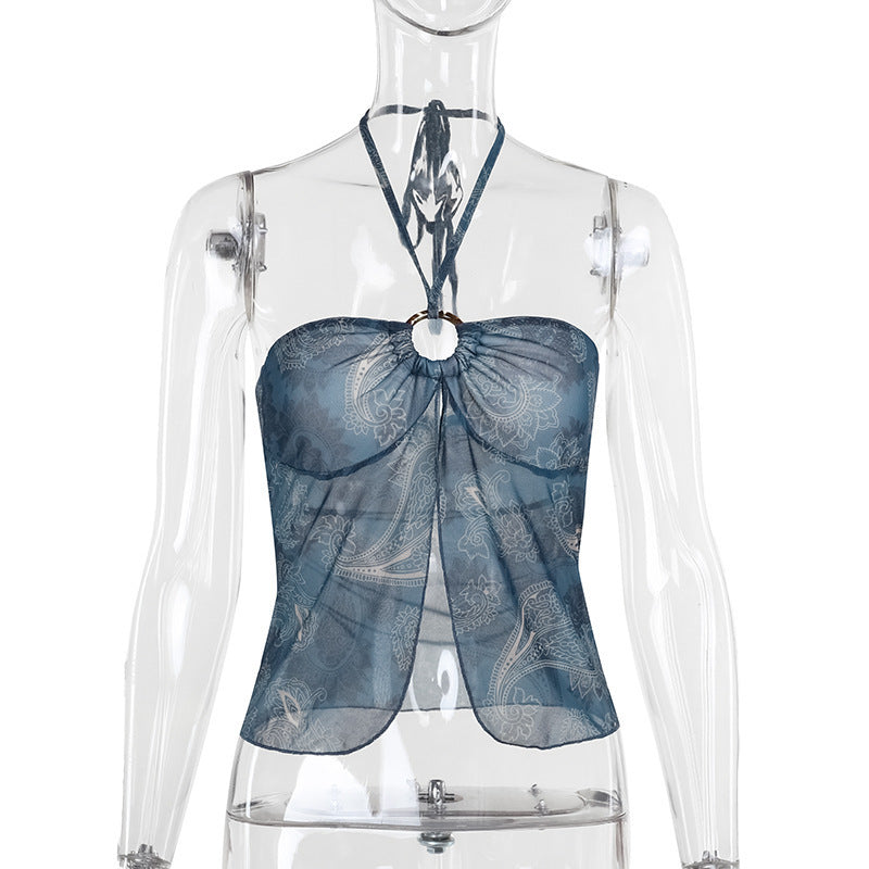 Classic Style Temperament Mesh Floral Print Halter Top Women