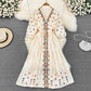 Vintage National Style Embroidery V-neck Lantern Long Sleeve Waist Closing A-line Dress