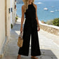 Tasseled Lace-up Pocketed Wide-leg Casual Jumpsuit For Women