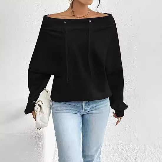 Women's Loose Solid Color Casual Drawstring Off-the-shoulder Off-shoulder Top