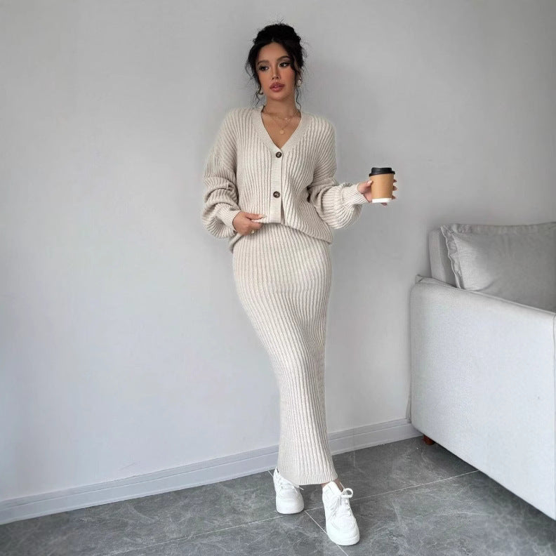 2-piece Set Women's Solid Color Casual Long Sleeves Sweater And Skirt