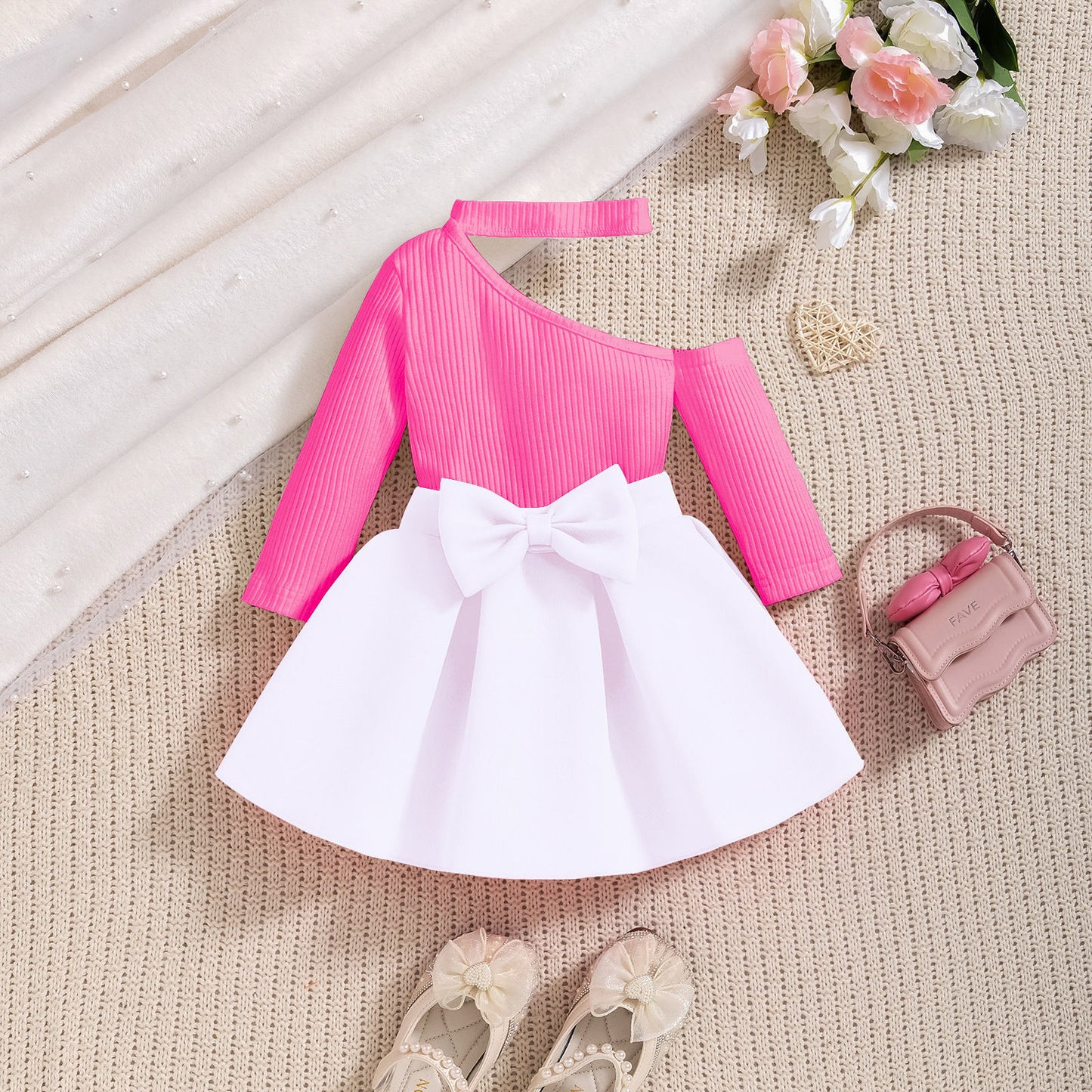 Bow Ruffled Dress Two-piece Set