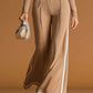 Stylish And Casual White-trimmed Brown V-neck Knit Top And Pants Set