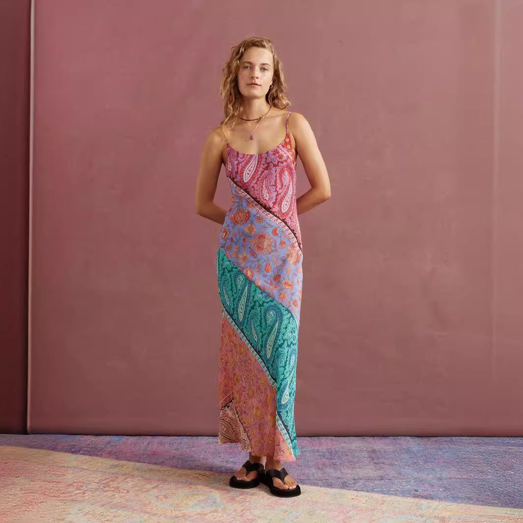 Backless Print Long Sleeveless Dress