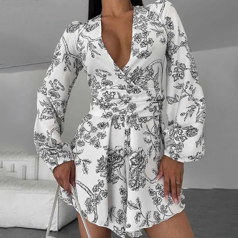 Women's V-neck Printed Lantern Sleeve Waist-tight Dress