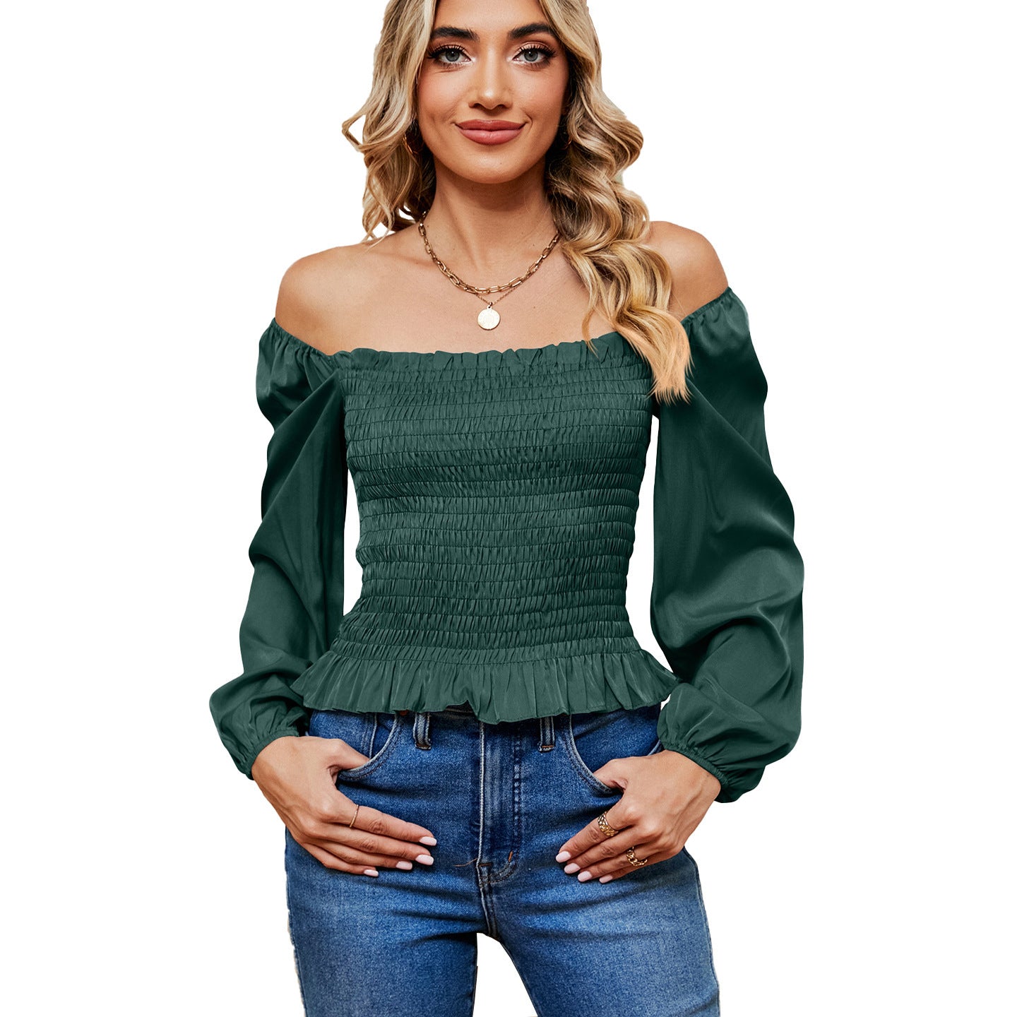 Women's Solid Color Square Collar Off-shoulder Slim Long Sleeve Top
