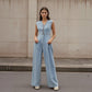 V-neck Double-breasted Sleeveless Wide Leg Overall Jeans