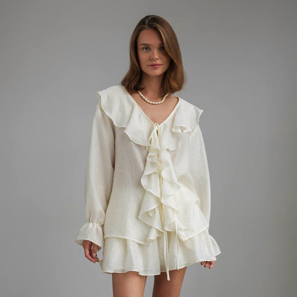 French-style V-neck Ruffled Shirt And Shorts Set