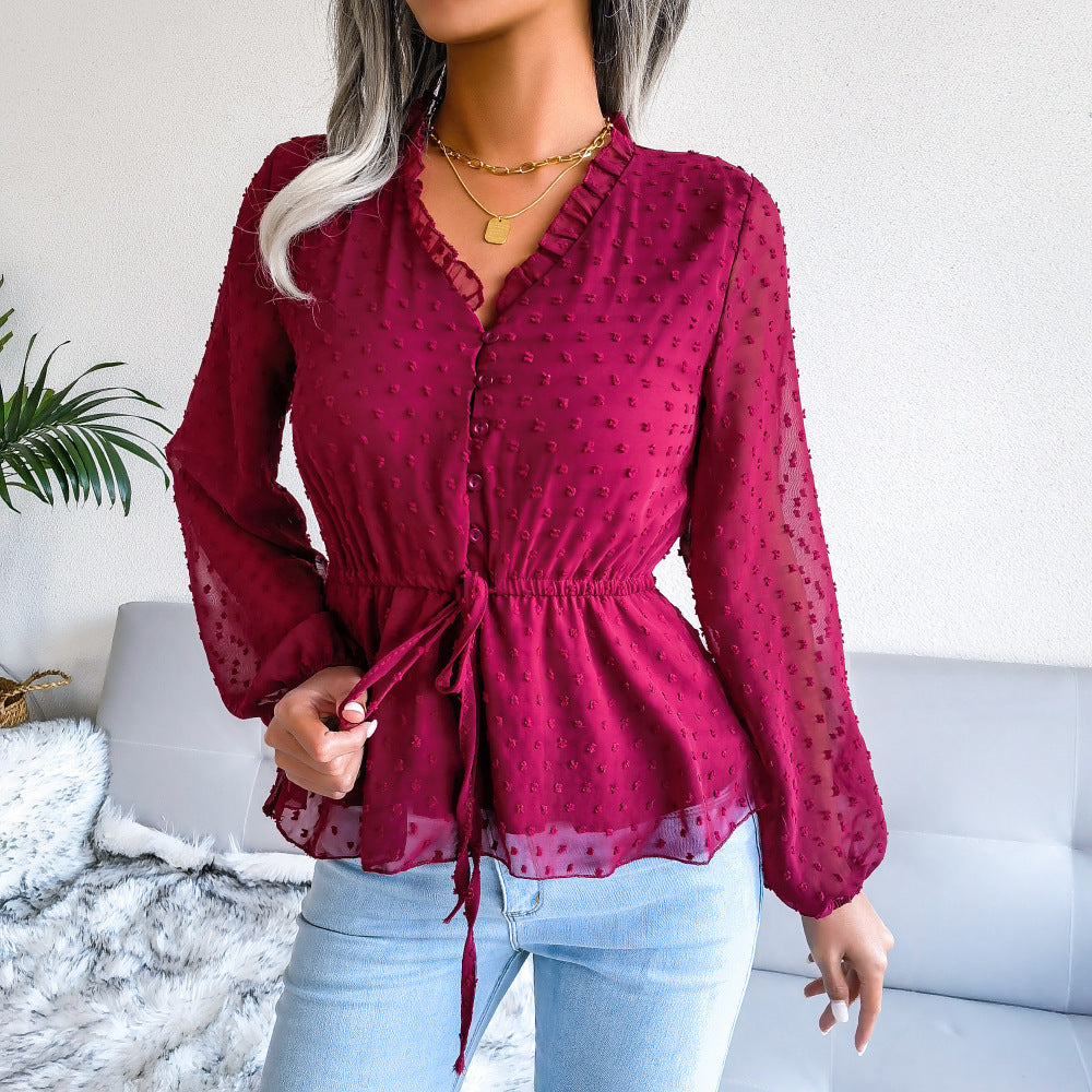 Chemise en mousseline de soie à pois, manches longues, volantée, nouée à la taille, style lanterne, printemps et été