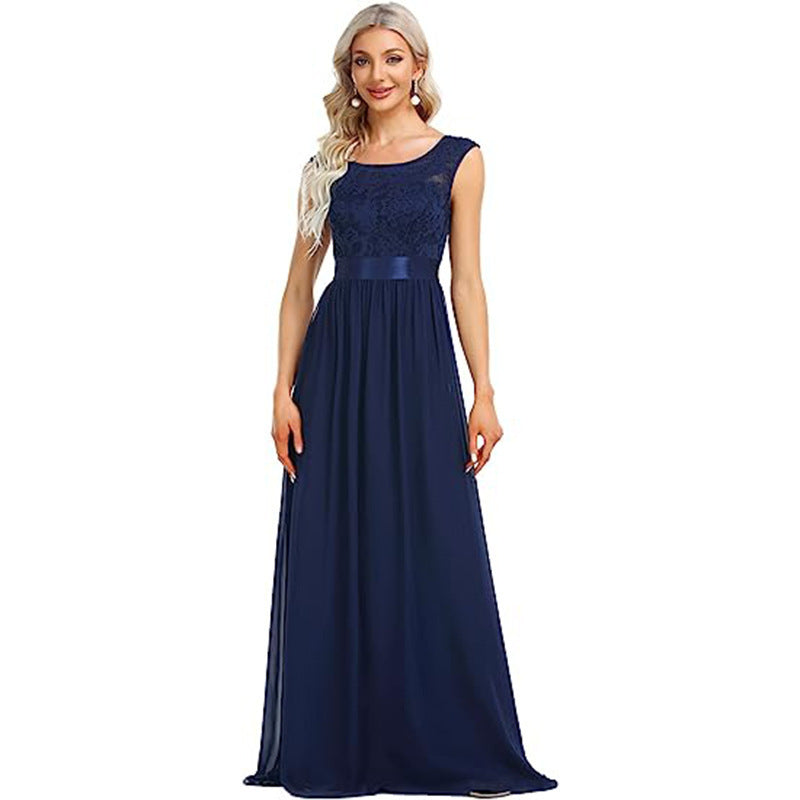 Robe tendance à col rond et coutures en dentelle