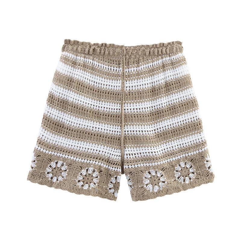 Seaside Vacation Beach Suit Women's Summer New Hollow Knitted Halter Top High Waist Shorts
