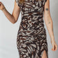 Brown Abstract Print Mesh Cowl Neck Cap Sleeve Ruched Midi Dress With Slit