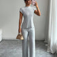 Solid-color Short-sleeve Top And Ribbed Casual Pants Set