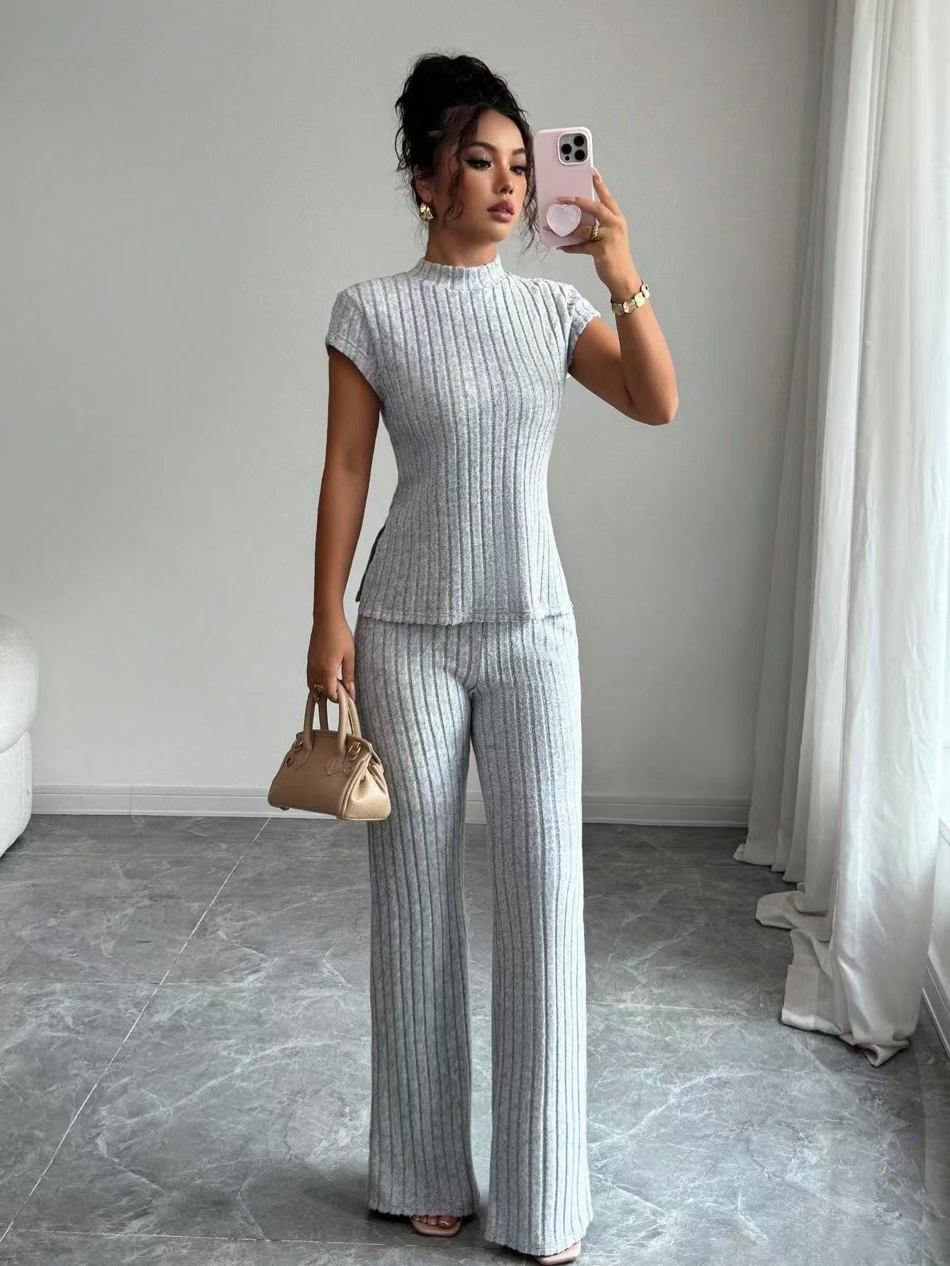 Solid-color Short-sleeve Top And Ribbed Casual Pants Set
