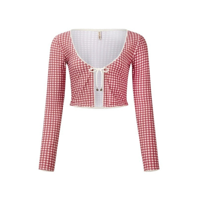 French Retro Slim-fit Plaid Long-sleeved Lace-up T-shirt Cardigan