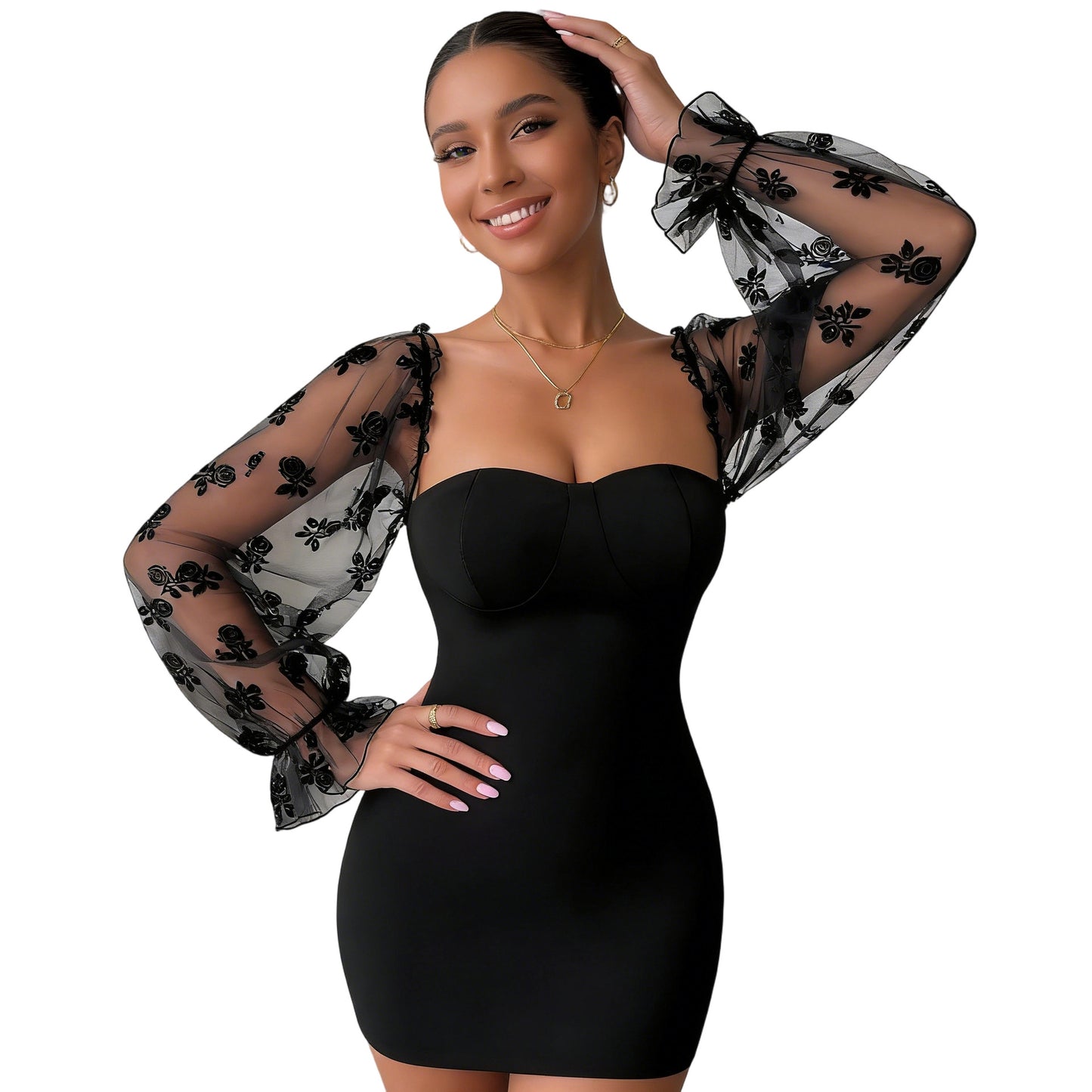 Sexy Mesh Embroidered Lantern-Sleeve Dress For Women