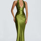 Neck-hanging Deep V-neck Pleated Lace-up Sexy Off-shoulder Slim-fit Long Dress