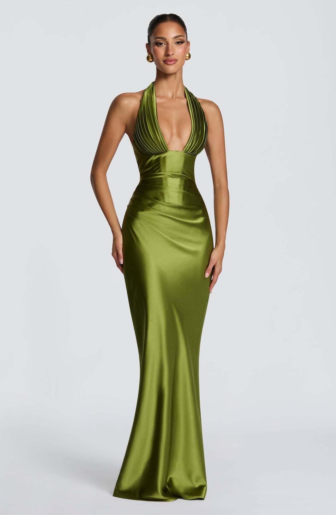 Neck-hanging Deep V-neck Pleated Lace-up Sexy Off-shoulder Slim-fit Long Dress