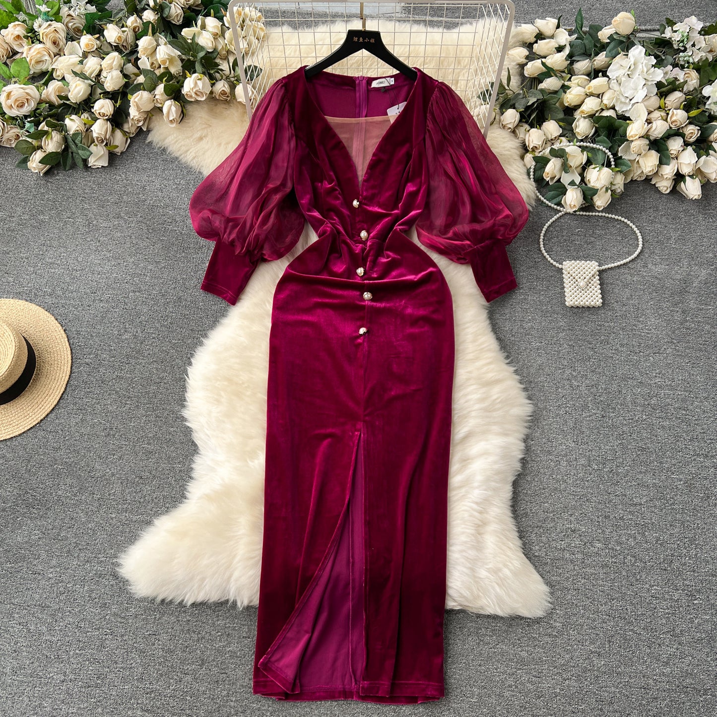 Robe en velours vintage haut de gamme abordable de luxe, niche, manches lanternes, slim, mi-longue, fendue, longueur genou, style tribunal