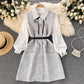 Women's Puff Sleeve Shirt Houndstooth Suspender Dress