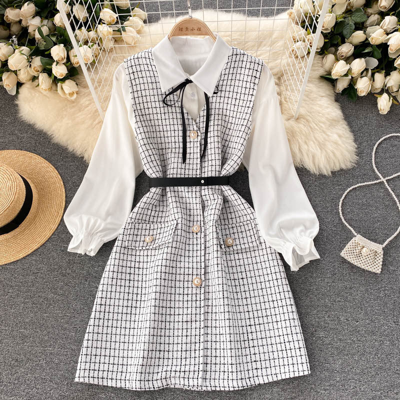 Women's Puff Sleeve Shirt Houndstooth Suspender Dress