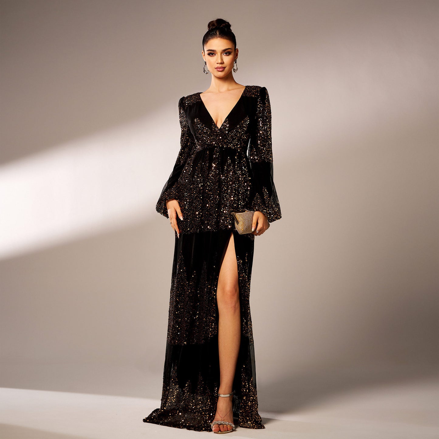 Robe de soirée sexy à manches longues et col en V, à paillettes