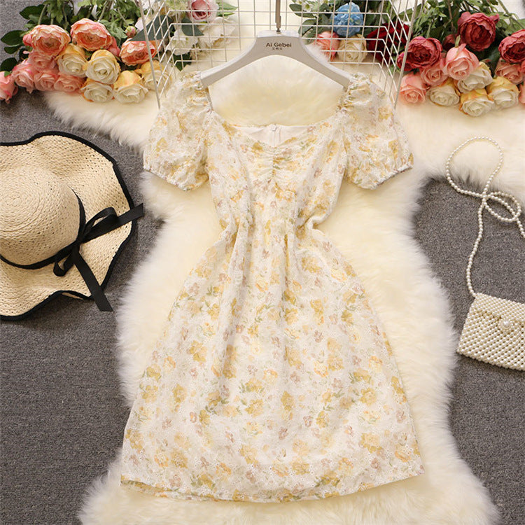 French Floral Dress Women's Tea Break Bellflower Skirt With Puff Sleeves